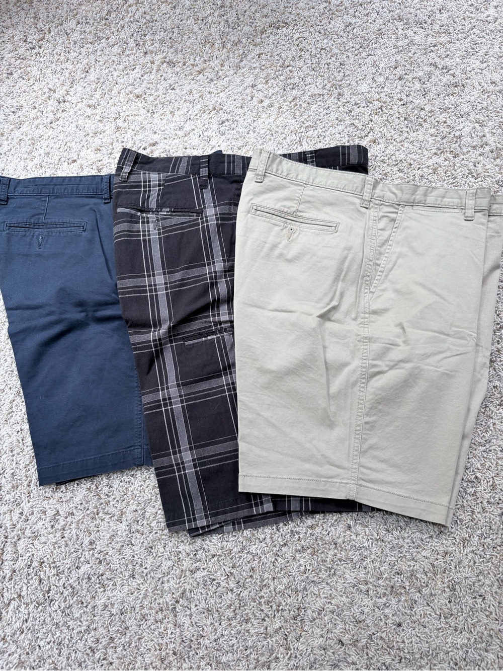 Men's Flat Front Shorts in Navy, Black Plaid, and Khaki